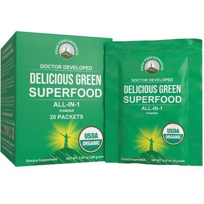 Peak Performance Organic Greens Superfood Powder Single Serve Travel Packets. Best Tasting Organic Green Juice Super Food with 25+ All Natural Ingredients for Max Energy. (20 Pack) - Maple Wellness Supplements