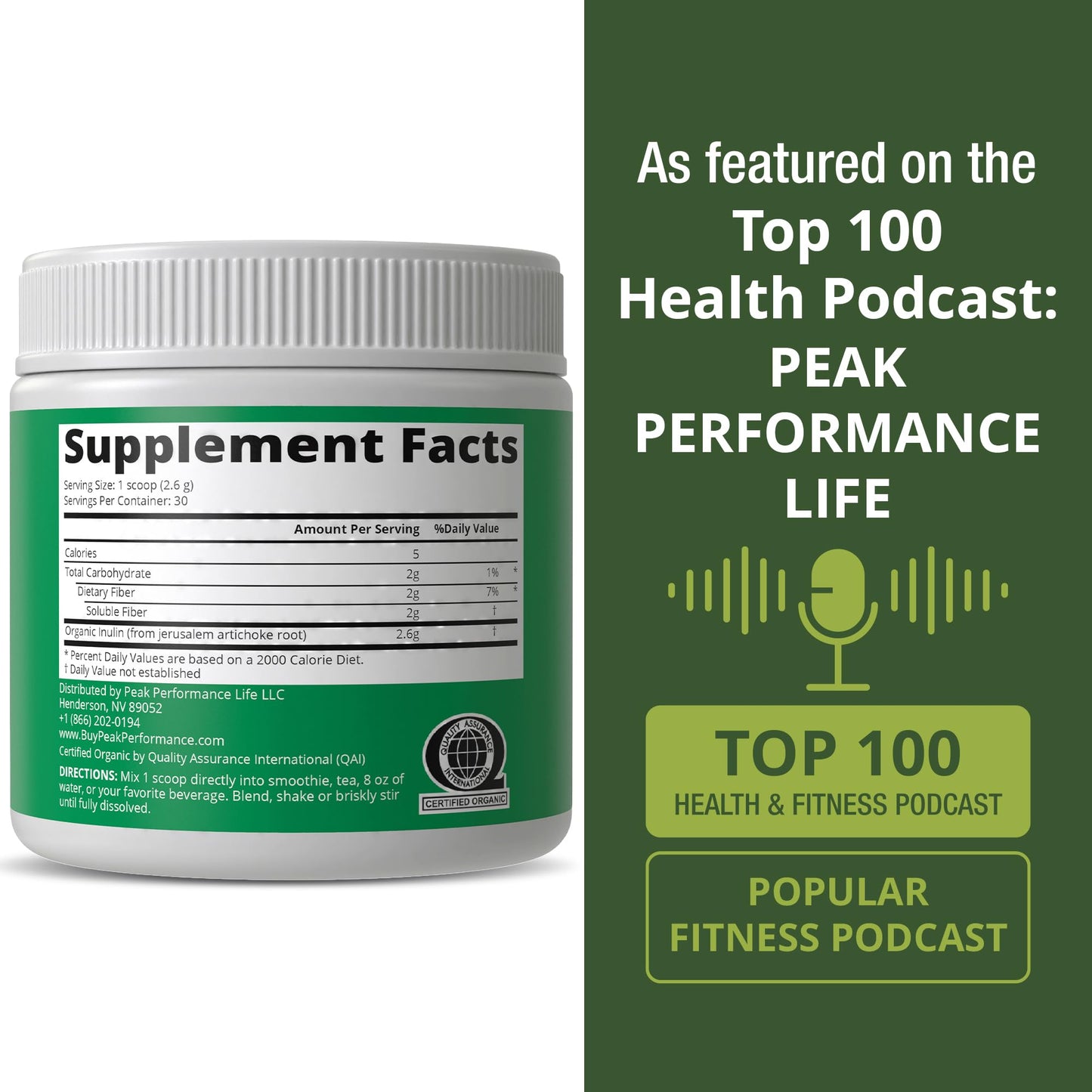 Peak Performance Organic Inulin Powder Natural Prebiotic Fiber for Gut Health. USDA Organic Raw Plant Based Vegan Prebiotics FOS Supplement from Jerusalem Artichoke - Maple Wellness Supplements