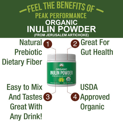 Peak Performance Organic Inulin Powder Natural Prebiotic Fiber for Gut Health. USDA Organic Raw Plant Based Vegan Prebiotics FOS Supplement from Jerusalem Artichoke - Maple Wellness Supplements