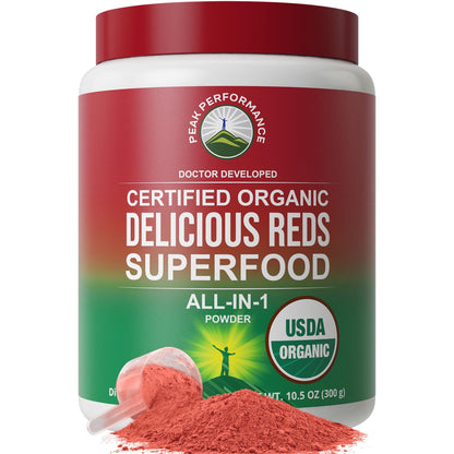 Peak Performance Organic Reds Superfood Powder, Best Tasting Organic Red Juice Super Food w/ 25+ All Natural Ingredients & Polyphenols, Vital for Max Energy and Detox. Raspberry, Elderberry, Beetroot - Maple Wellness Supplements