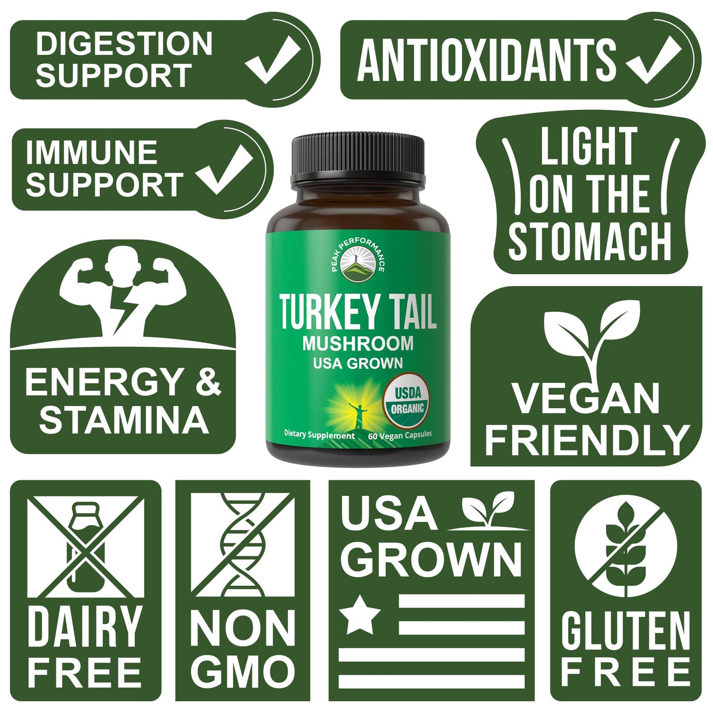 Peak Performance Organic Turkey Tail Capsules - USA Grown Made with Real Turkey Tail Mushroom. Immune System Support Naturally Harvested Mushroom Supplements for Immunity. Vegan Supplement Extract - Maple Wellness Supplements