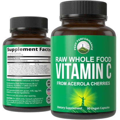 Peak Performance Raw Whole Food Natural Vitamin C Capsules from Acerola Cherry for Max Absorption. Vegan USA Sourced Vitamin C Supplement 90 Pills. 500 mg Serving or 2 Servings 1000mg - Maple Wellness Supplements