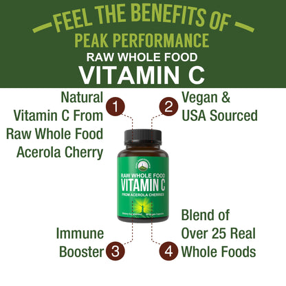 Peak Performance Raw Whole Food Natural Vitamin C Capsules from Acerola Cherry for Max Absorption. Vegan USA Sourced Vitamin C Supplement 90 Pills. 500 mg Serving or 2 Servings 1000mg - Maple Wellness Supplements
