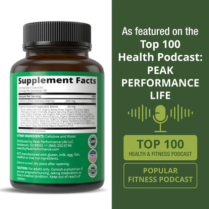 Peak Performance Raw Whole Food Natural Vitamin C Capsules from Acerola Cherry for Max Absorption. Vegan USA Sourced Vitamin C Supplement 90 Pills. 500 mg Serving or 2 Servings 1000mg - Maple Wellness Supplements