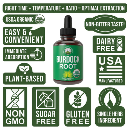 Peak Performance USDA Organic Burdock Root Liquid Drops Supplement. Vegan Extract Tincture for Women and Men. Organic Burdock Root Oil Herb. Zero Sugar, Gluten Free Supplements - Maple Wellness Supplements