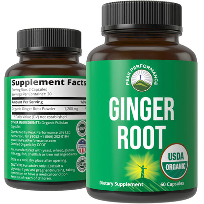 Peak Performance USDA Organic Ginger Root Capsules. Vegan Ginger Pills Supplement for Women & Men to Support Digestion, Occasional Nausea Relief, Gas & Bloat Support, and Gentle Stomach Comfort - Maple Wellness Supplements