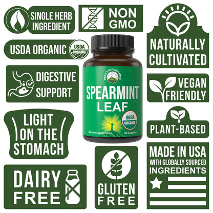Peak Performance USDA Organic Spearmint Capsules. Organic Vegan Spearmint Leaf Pills for Digestive Support, Ingestion, and More. USA Tested Supplement for Women and Men. - Maple Wellness Supplements