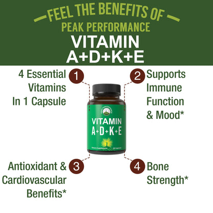 Peak Performance Vitamins D 5,000 iu + A + K + E All in 1 Easy to Swallow Vegan Capsule. ADK Vitamin Supplement with E D3 K2. Essential Vitamins for Mood - Maple Wellness Supplements