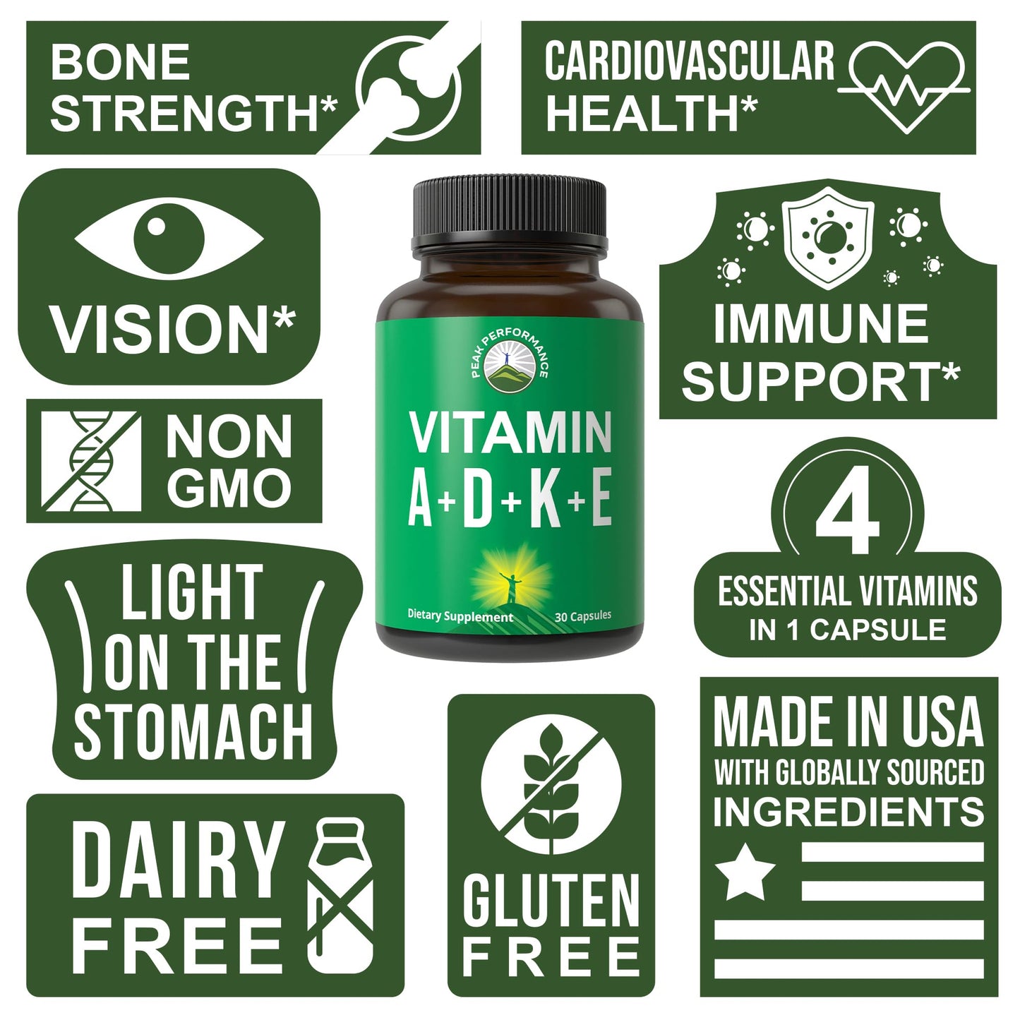 Peak Performance Vitamins D 5,000 iu + A + K + E All in 1 Easy to Swallow Vegan Capsule. ADK Vitamin Supplement with E D3 K2. Essential Vitamins for Mood - Maple Wellness Supplements