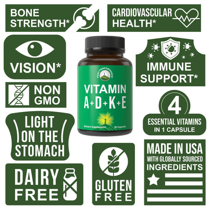 Peak Performance Vitamins D 5,000 iu + A + K + E All in 1 Easy to Swallow Vegan Capsule. ADK Vitamin Supplement with E D3 K2. Essential Vitamins for Mood - Maple Wellness Supplements