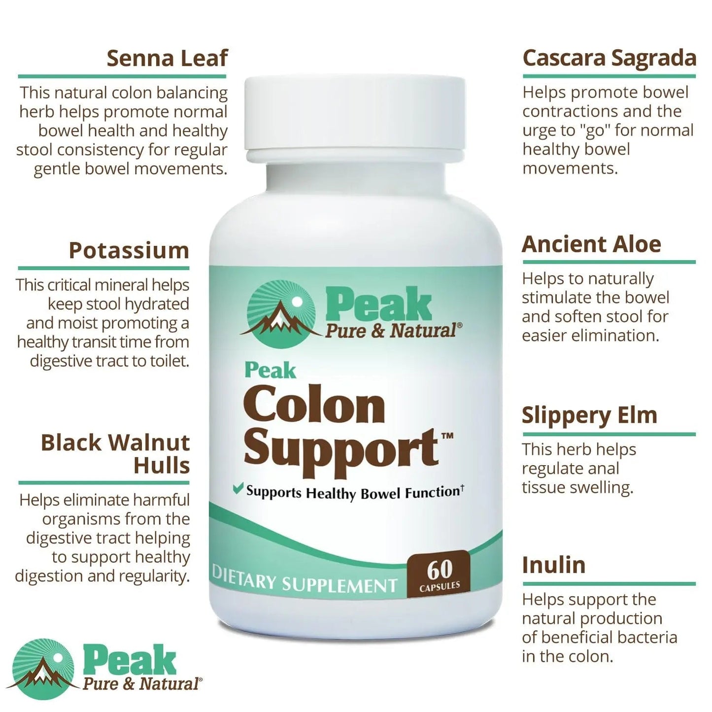 Peak Pure & Natural Colon Support - Colon Cleanse and Detox Supplement for Digestive Health - Gut Health Support with Inulin and Senna Leaf Extracts - with Fiber, Prebiotics, and Probiotics - 1 Pack - Maple Wellness Supplements