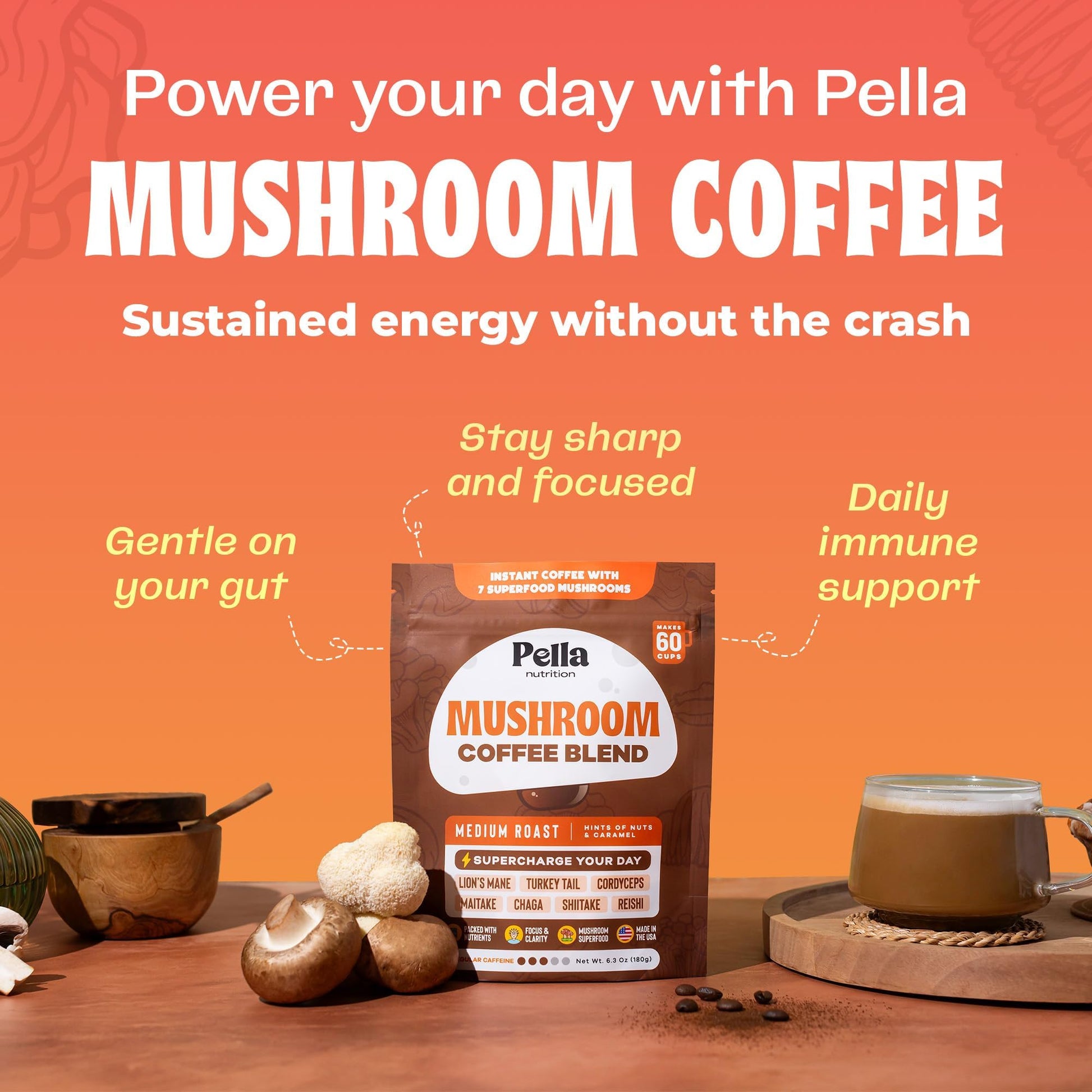 Pella Nutrition Mushroom Coffee – Lions Mane, Reishi, Chaga, Cordyceps, Shiitake, Maitake, and Turkey Tail Mushroom Supplement – Superfood Instant - Maple Wellness Supplements
