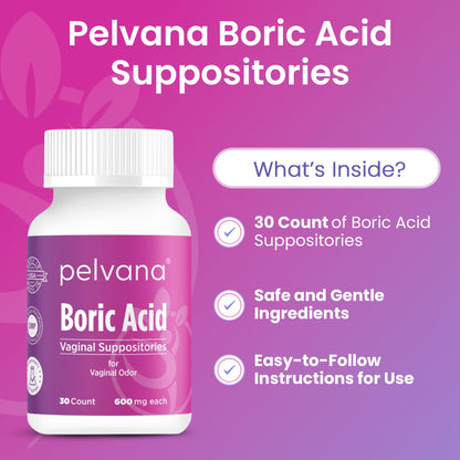 Pelvana Boric Acid Suppositories for Women - 30 Count - 600mg Boric Acid Capsules for Vaginal Odor Use - Maple Wellness Supplements