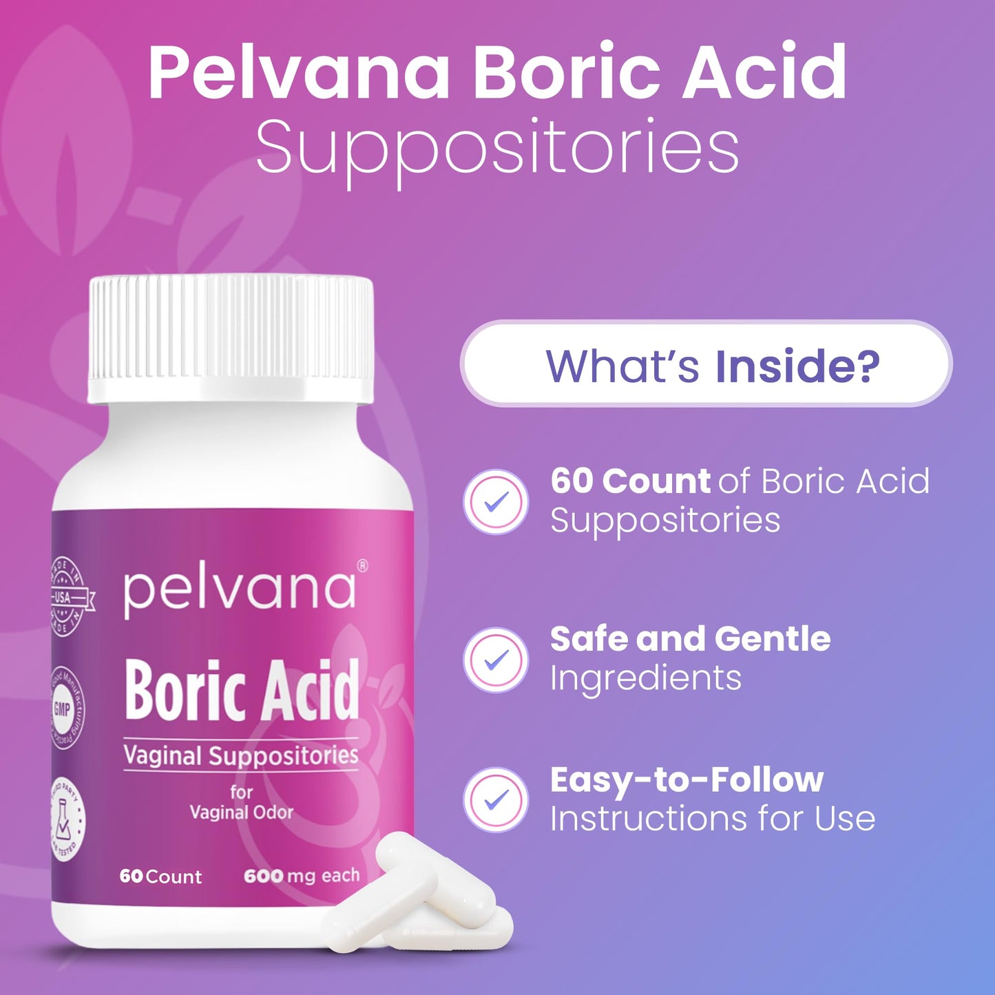 Pelvana Boric Acid Suppositories for Women - 60 Count - 600mg Boric Acid Capsules for Vaginal Odor Use - Maple Wellness Supplements