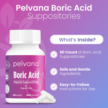 Pelvana Boric Acid Suppositories for Women - 60 Count - 600mg Boric Acid Capsules for Vaginal Odor Use - Maple Wellness Supplements