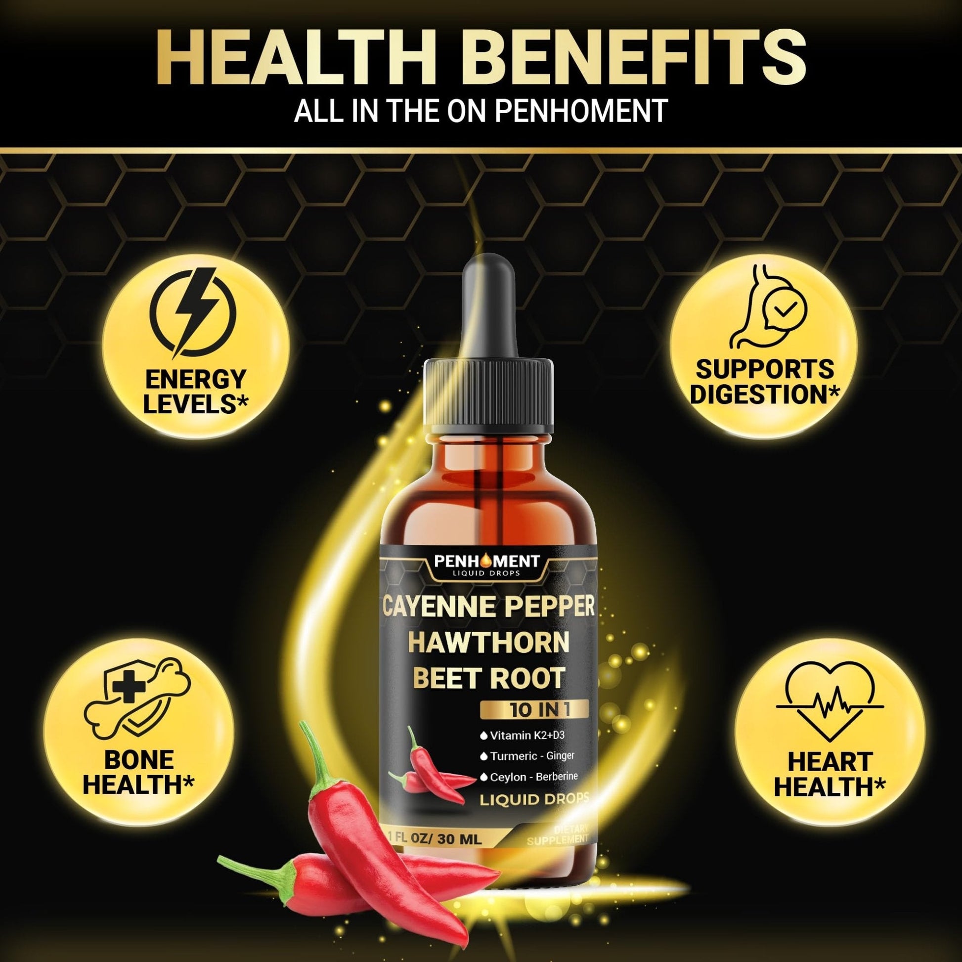 Penhoment 2 Packs - 2700 mg 10in1 Cayenne Pepper Liquid Drops with Hawthorn Berry, Vitamin D3 K2, Beet Root, Ginger Turmeric, Ginger, Ceylon Cinnamon, Berberine, and Ginseng - 2 Months - Maple Wellness Supplements