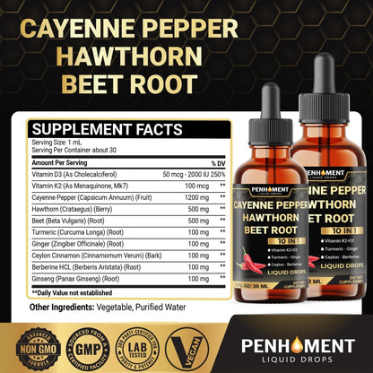 Penhoment 2 Packs - 2700 mg 10in1 Cayenne Pepper Liquid Drops with Hawthorn Berry, Vitamin D3 K2, Beet Root, Ginger Turmeric, Ginger, Ceylon Cinnamon, Berberine, and Ginseng - 2 Months - Maple Wellness Supplements