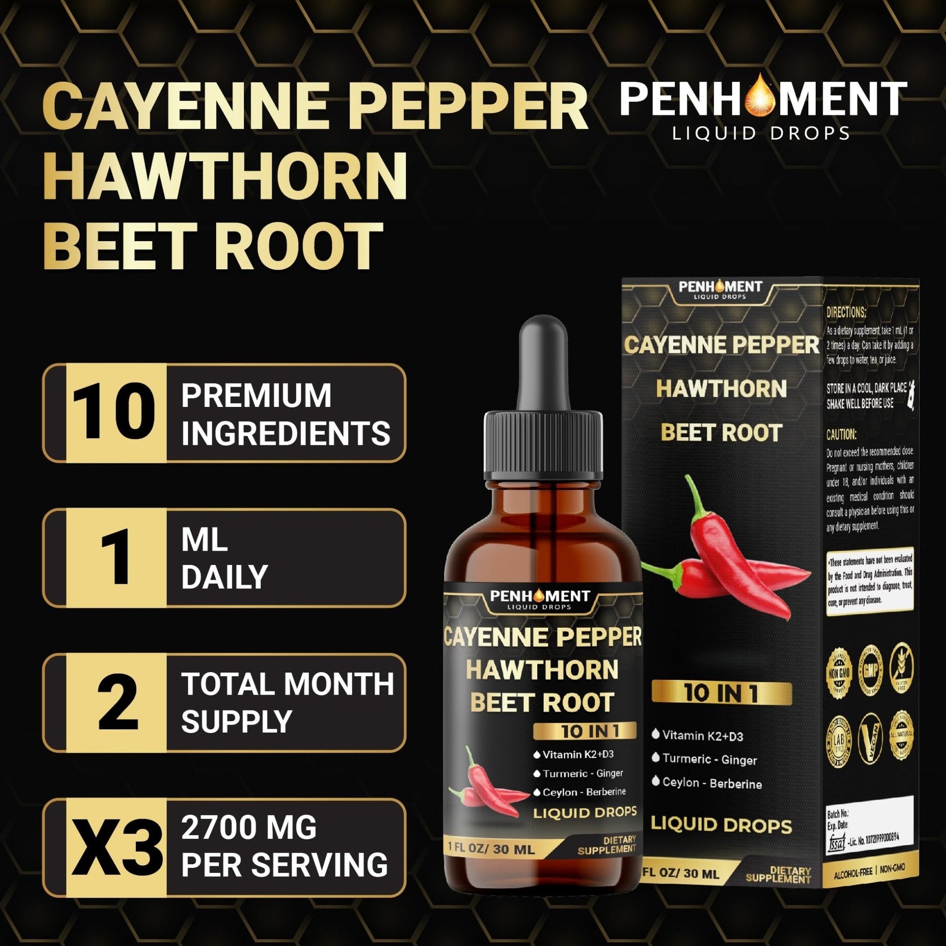 Penhoment 2 Packs - 2700 mg 10in1 Cayenne Pepper Liquid Drops with Hawthorn Berry, Vitamin D3 K2, Beet Root, Ginger Turmeric, Ginger, Ceylon Cinnamon, Berberine, and Ginseng - 2 Months - Maple Wellness Supplements
