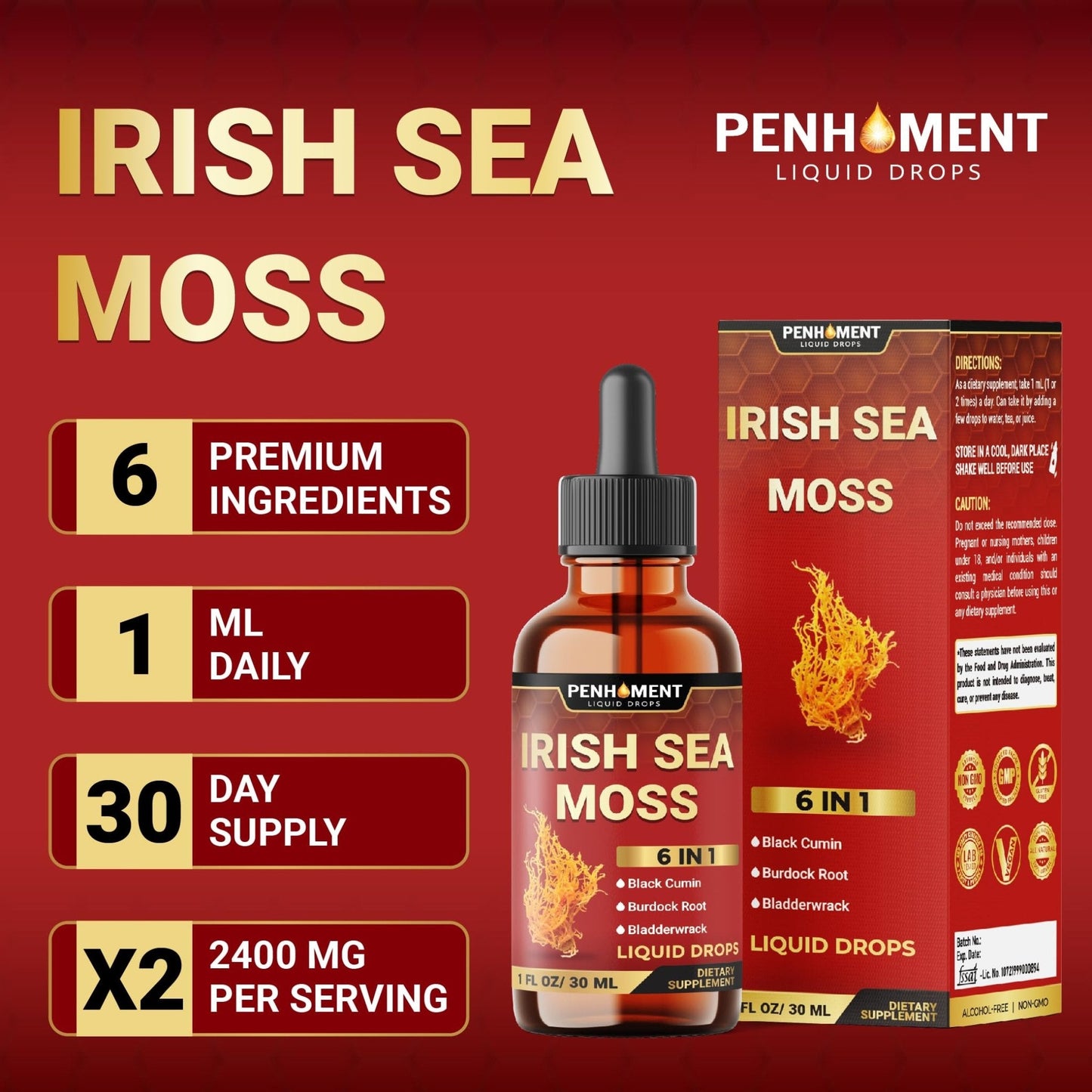 Penhoment 6in1 Sea Moss Drops with Black Seed Oil Irish Seamoss, Ashwagandha, Burdock Root & Bladderwrack - 1FL Oz - 30 Day Supply - Maple Wellness Supplements