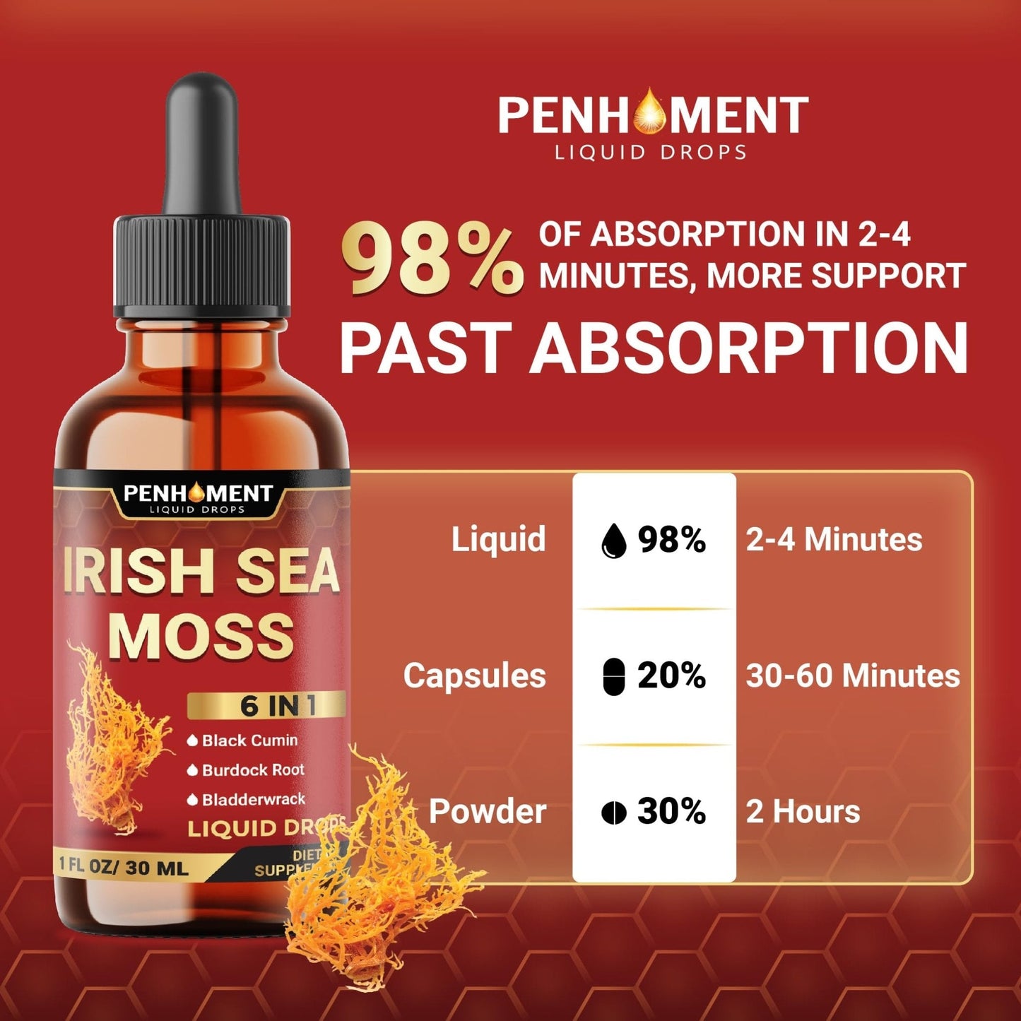 Penhoment 6in1 Sea Moss Drops with Black Seed Oil Irish Seamoss, Ashwagandha, Burdock Root & Bladderwrack - 1FL Oz - 30 Day Supply - Maple Wellness Supplements