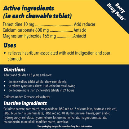 Pepcid Complete Acid Reducer + Antacid Chewable Tablets, 10mg Famotidine, 800mg Calcium Carbonate & 165mg Magnesium Hydroxide per Heartburn Medicine Tablet, Antacid Chews, Berry Flavored, 70 ct - Maple Wellness Supplements