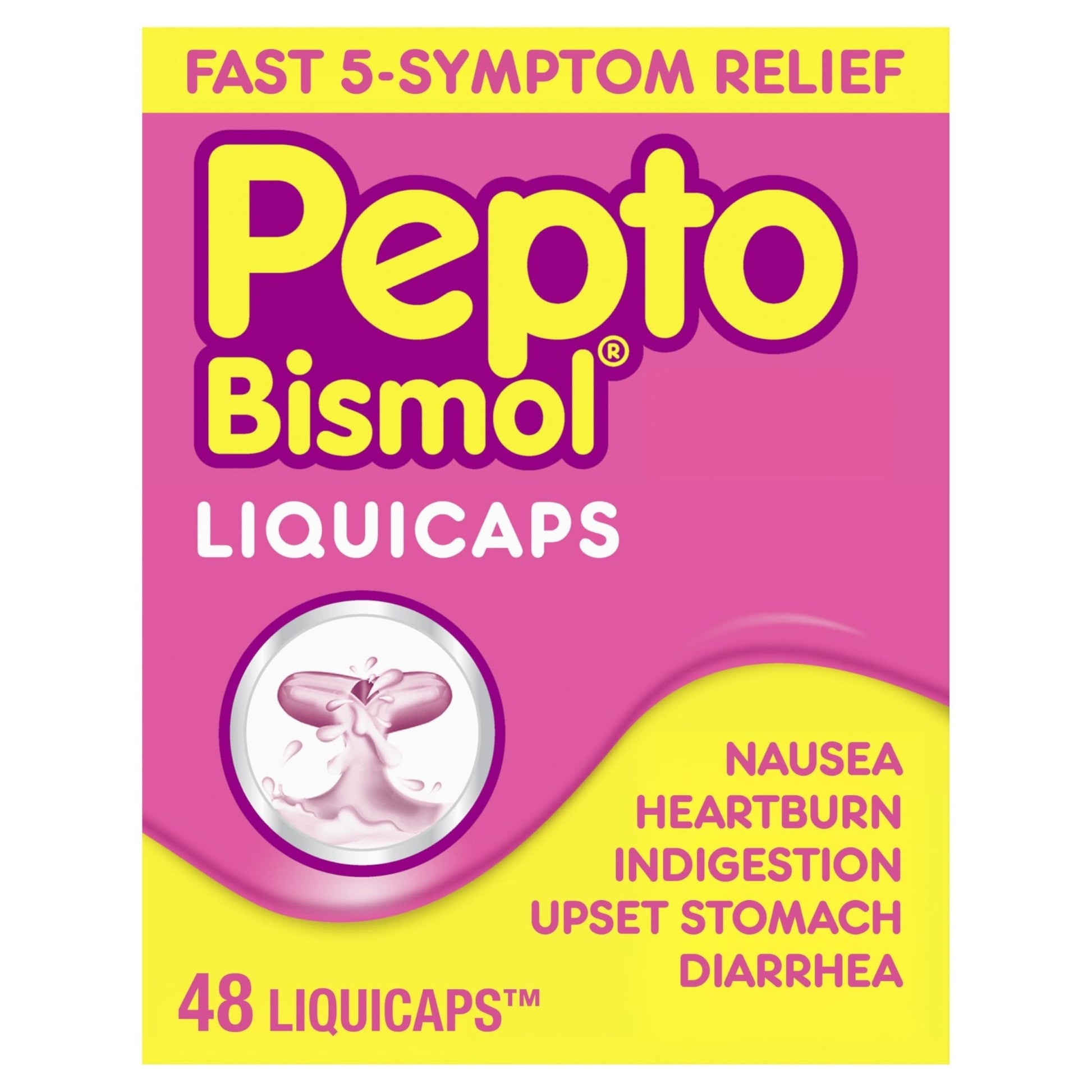 Pepto Bismol Liquicaps, Upset Stomach Relief, Nausea Relief, Heartburn Relief, Indigestion Relief, Anti Diarrhea Medication for Adults - 5 Symptom Fast Relief, No Flavor, 48 ct - Maple Wellness Supplements
