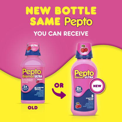 Pepto Bismol ULTRA Liquid for Nausea, Heartburn, Indigestion, Upset Stomach, and Diarrhea - 5 Symptom Fast Relief Medication for Adults, Cherry Flavor, 2x16 oz - Maple Wellness Supplements