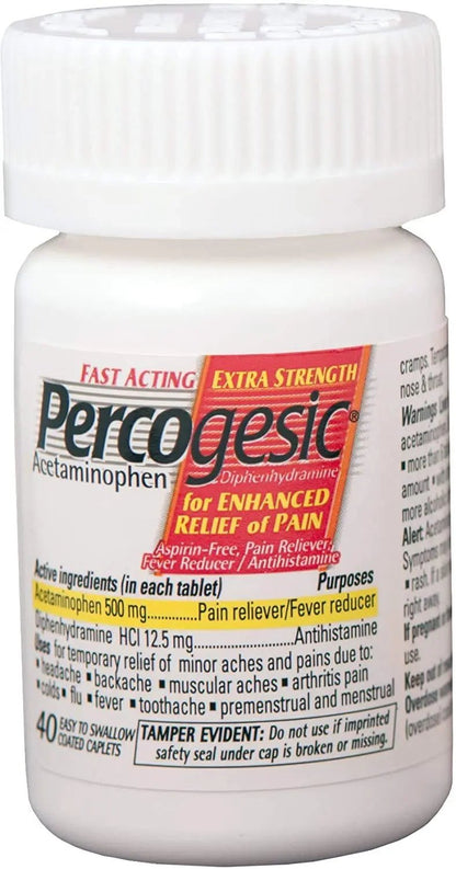 Percogesic Aspirin Free Pain Relief Tablets, Extra Strength, Acetaminophen and Diphenhydramine, 40 ct (Pack of 1) - Maple Wellness Supplements