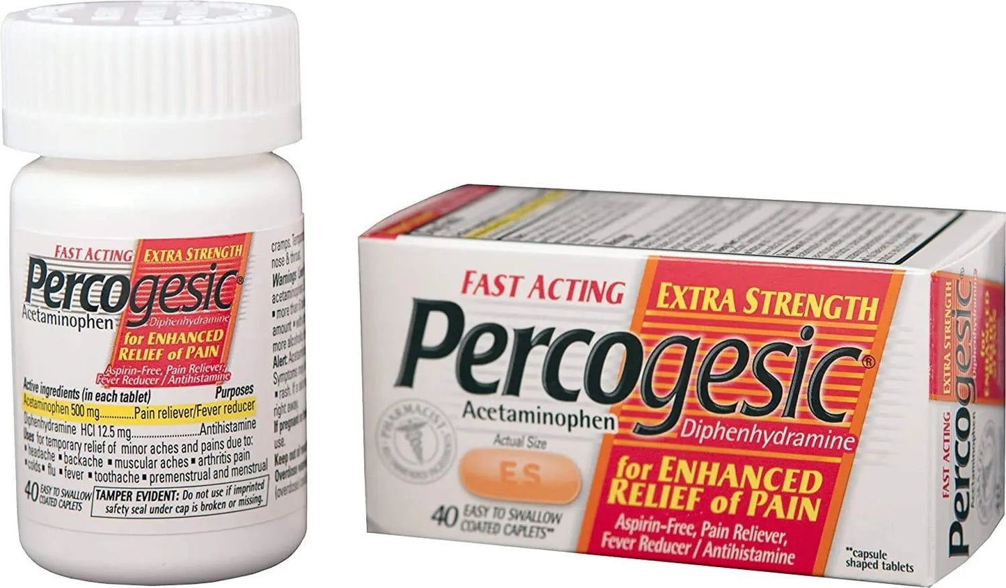 Percogesic Aspirin Free Pain Relief Tablets, Extra Strength, Acetaminophen and Diphenhydramine, 40 ct (Pack of 1) - Maple Wellness Supplements