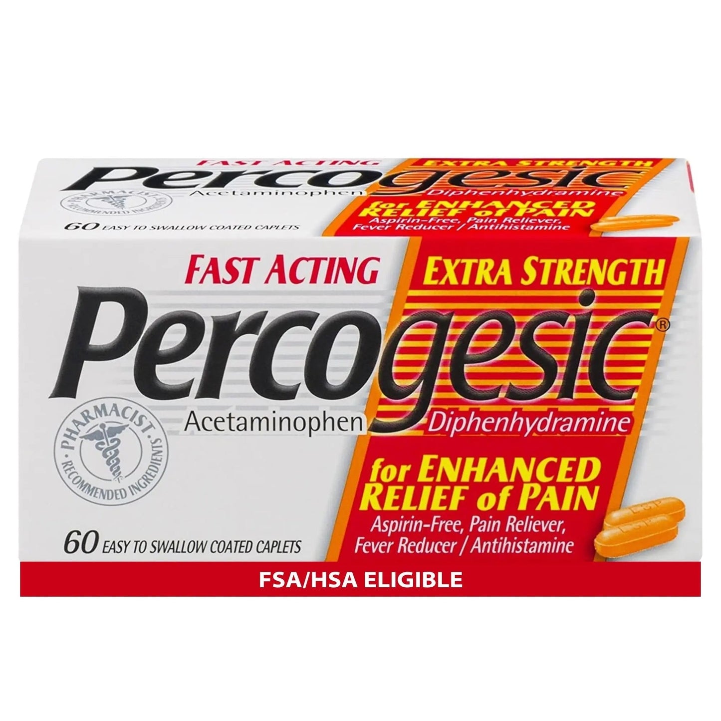 Percogesic Extra Strength Acetaminophen & Diphenhydramine Pain Relief, Fast-Acting Aspirin-Free Fever Reducer & Antihistamine, 60 Count - Maple Wellness Supplements