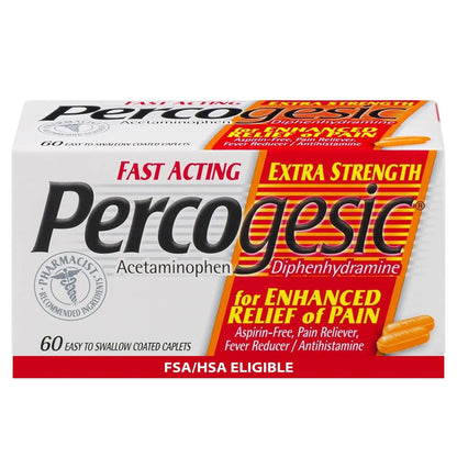 Percogesic Extra Strength Acetaminophen & Diphenhydramine Pain Relief, Fast-Acting Aspirin-Free Fever Reducer & Antihistamine, 60 Count - Maple Wellness Supplements