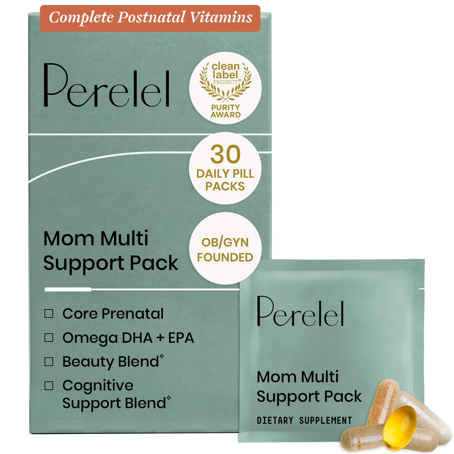 Perelel Mom Multi Support Pack, Postnatal Vitamins for Women with Omega 3 Dha, Iron, Collagen, & Vitamin B12 to Support Postpartum Health - Maple Wellness Supplements