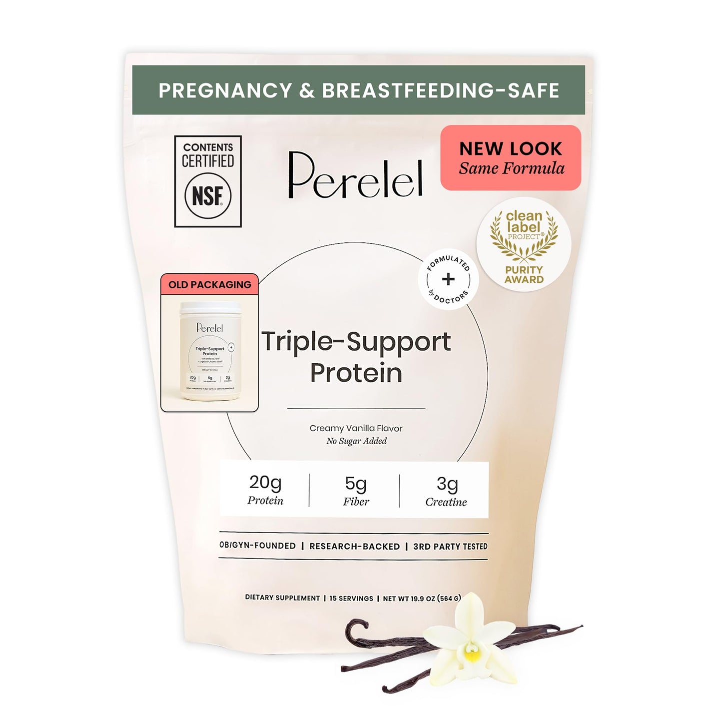 Perelel Triple-Support Plant Based Protein Powder, Creamy Vanilla, 20g Vegan Protein Powder, 3g Creatine Monohydrate, & 5g Prebiotic Fiber per Serving, Dairy Free, - Maple Wellness Supplements