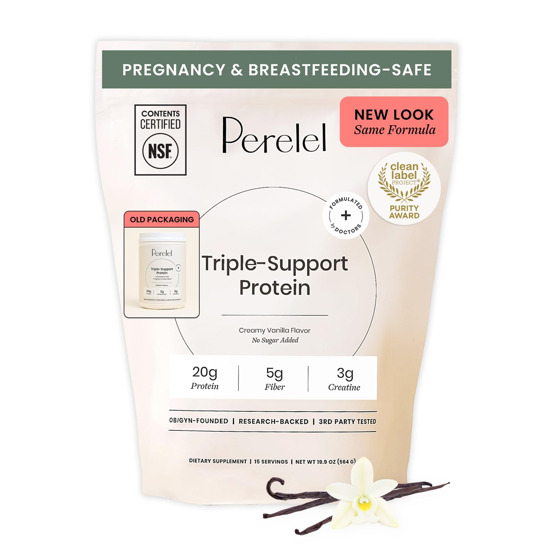 Perelel Triple-Support Plant Based Protein Powder, Creamy Vanilla, 20g Vegan Protein Powder, 3g Creatine Monohydrate, & 5g Prebiotic Fiber per Serving, Dairy Free, - Maple Wellness Supplements