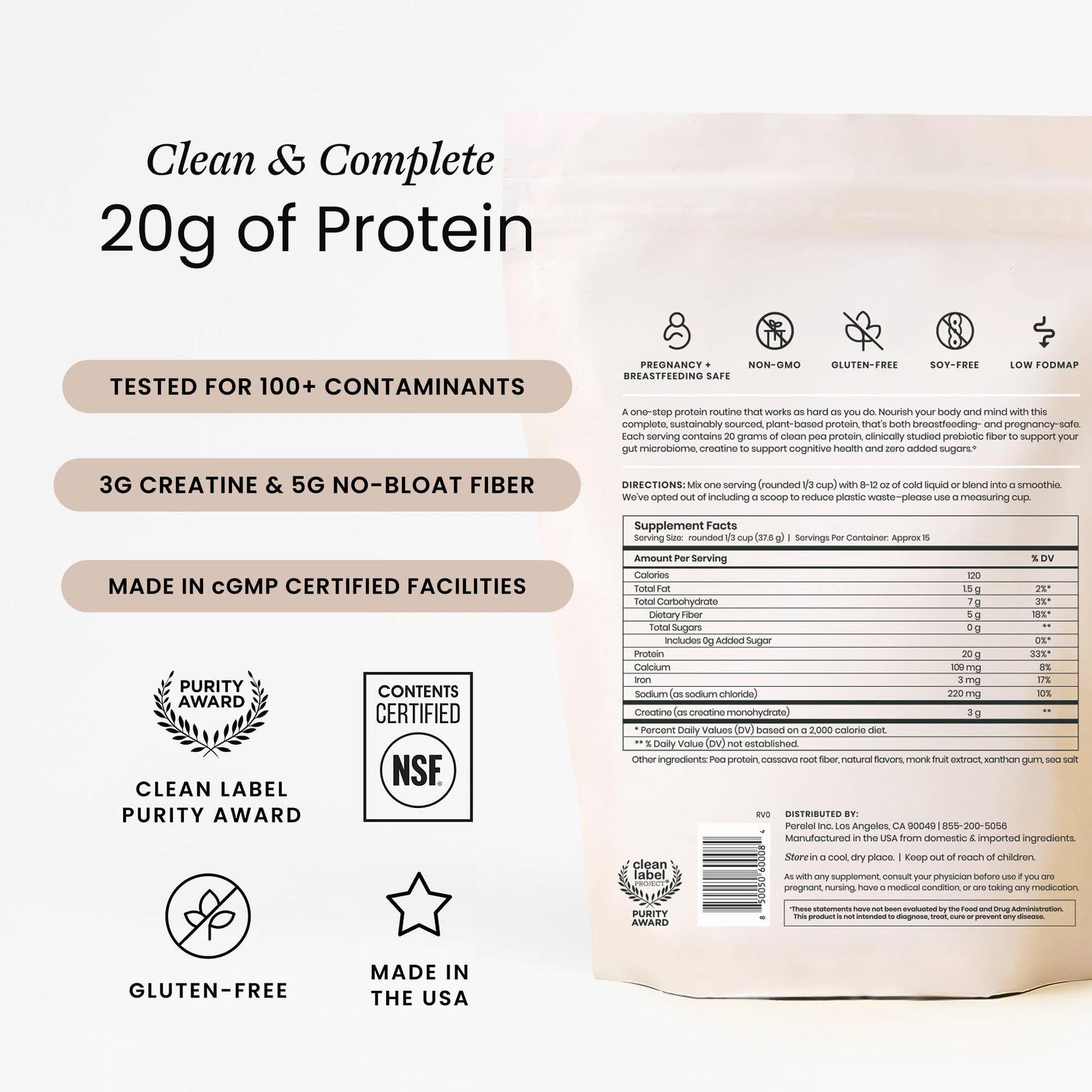 Perelel Triple-Support Plant Based Protein Powder, Creamy Vanilla, 20g Vegan Protein Powder, 3g Creatine Monohydrate, & 5g Prebiotic Fiber per Serving, Dairy Free, - Maple Wellness Supplements