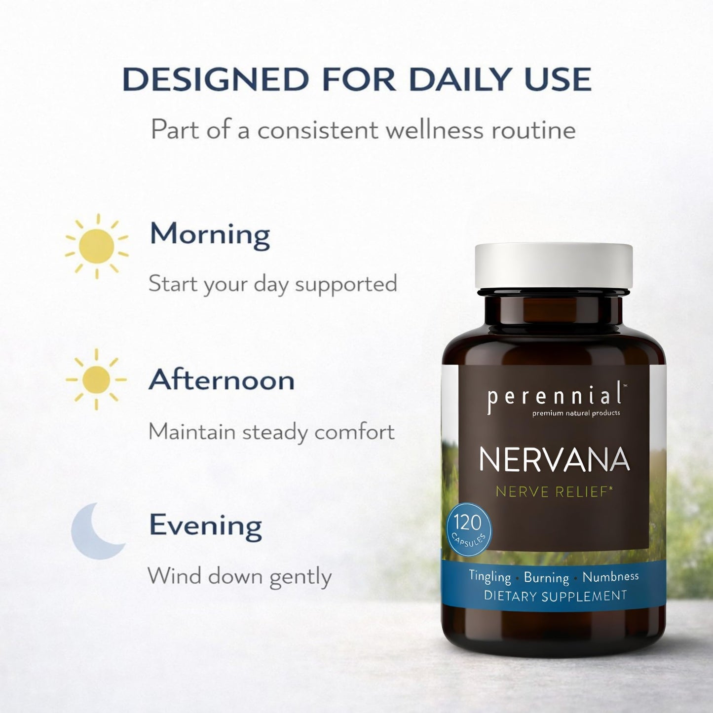 Perennial Nervana – Herbal Nerve Support for Tingling, Burning & Numbness Relief – Promotes Calm Focus & Stress Resilience – Non-Drowsy Mood Balance – 120ct* - Maple Wellness Supplements