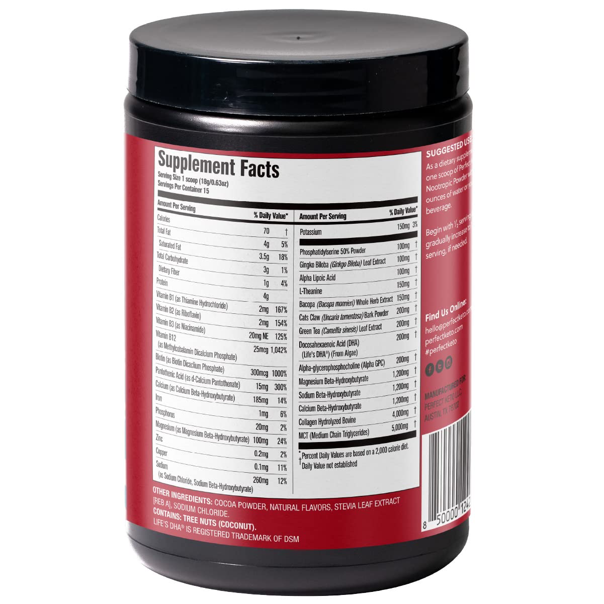 Perfect Keto Nootropic Brain Support, Caffeine Free Focus and Energy Supplement with Alpha Lipoic Acid, L Theanine, Ginkgo Biloba, Alpha GPC, MCT's, Collagen, Ketones, Chocolate Drink Mix, 15 Servings - Maple Wellness Supplements