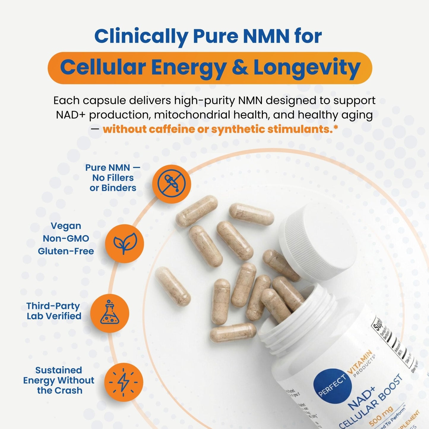 Perfect Vitamin Products NAD+ Cellular Boost – 500mg NMN Supplement for NAD+ Support, Cellular Energy, Brain Clarity & Anti-Aging – Longevity & Recovery Support – 90 Vegan Capsules (30 Servings) - Maple Wellness Supplements