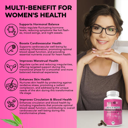 Perimenopause & Menopause Support Supplement for Women – Multi‑Symptom Relief with Black Cohosh & Red Clover Isoflavones | Ashwagandha Adaptogen & Herbal Blend | Hormone Balance Support | 120 Capsules - Maple Wellness Supplements