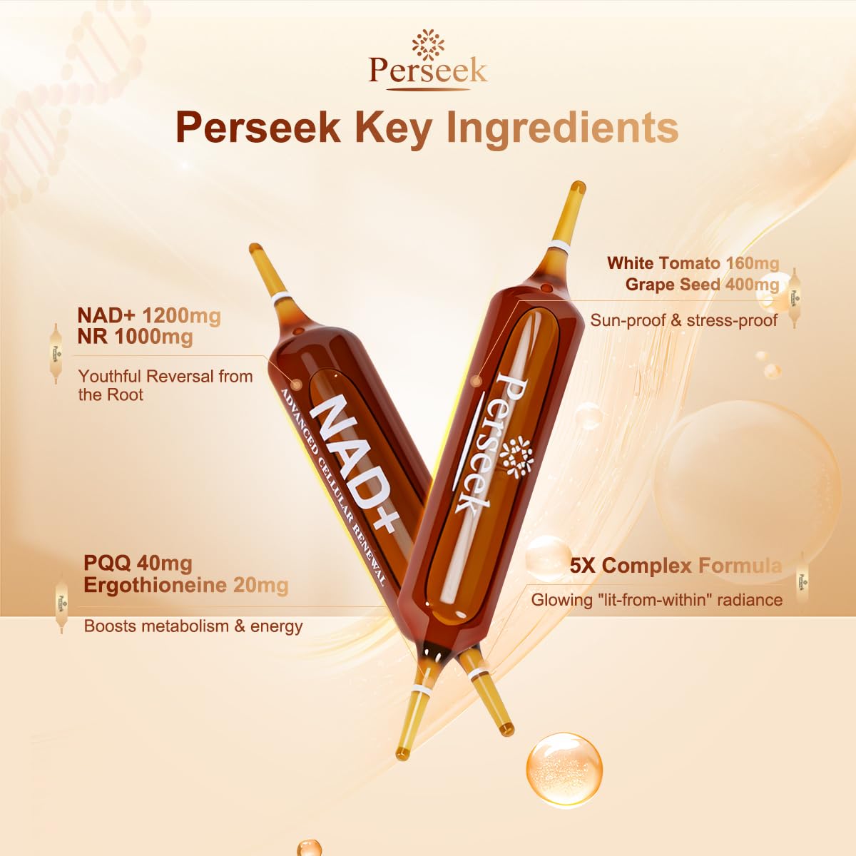 Perseek NAD+ 1200mg Liquid Supplement with Nicotinamide Riboside, PQQ & Grape Seed Extract for Cellular Vitality, Energy Metabolism & Antioxidant Support – 10 Liquid Vials - Maple Wellness Supplements