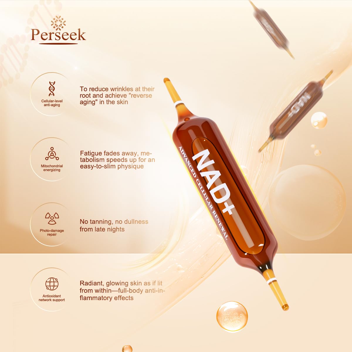Perseek NAD+ 1200mg Liquid Supplement with Nicotinamide Riboside, PQQ & Grape Seed Extract for Cellular Vitality, Energy Metabolism & Antioxidant Support – 10 Liquid Vials - Maple Wellness Supplements