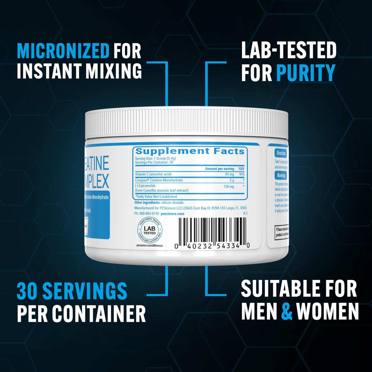 PEScience TruCreatine+ Creatine Monohydrate Powder Plus Epicatechin, Micronized Creapure Creatine for Women & Men, Supports Muscle Growth, Strength & Recovery, Cognition, 30 Servings, Unflavored - Maple Wellness Supplements