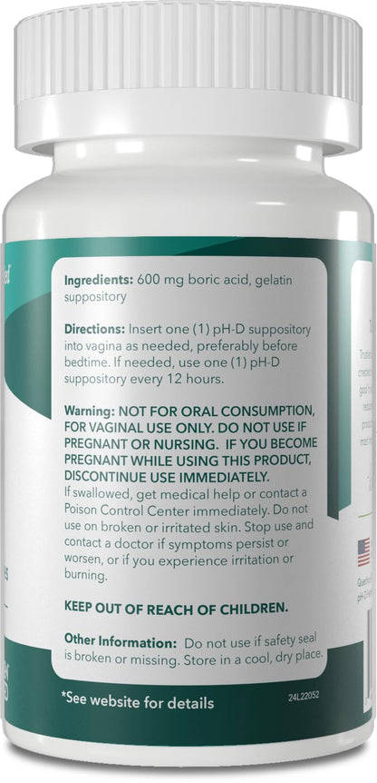 pH-D Feminine Health Support - 600 mg Boric Acid Suppositories - Woman Owned - for Vaginal Odor Use - 36 Count - Maple Wellness Supplements