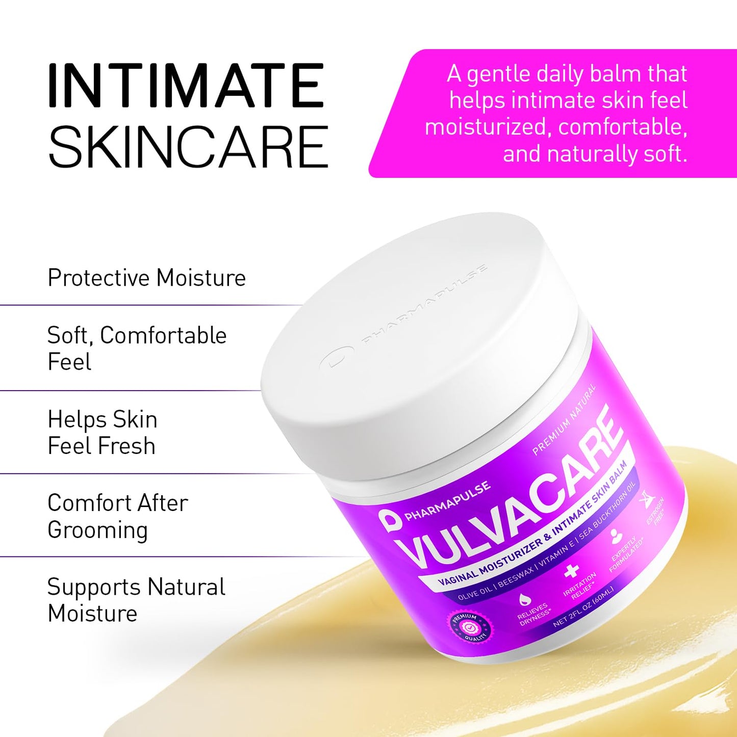 Pharmapulse Vaginal Moisturizer, Vulva Balm Cream, Intimate Skin Care, Menopause Support - Relieves Dryness, Itching, Burning, Redness, Chafing, Odor, Irritation - Estrogen Free 2oz - Maple Wellness Supplements