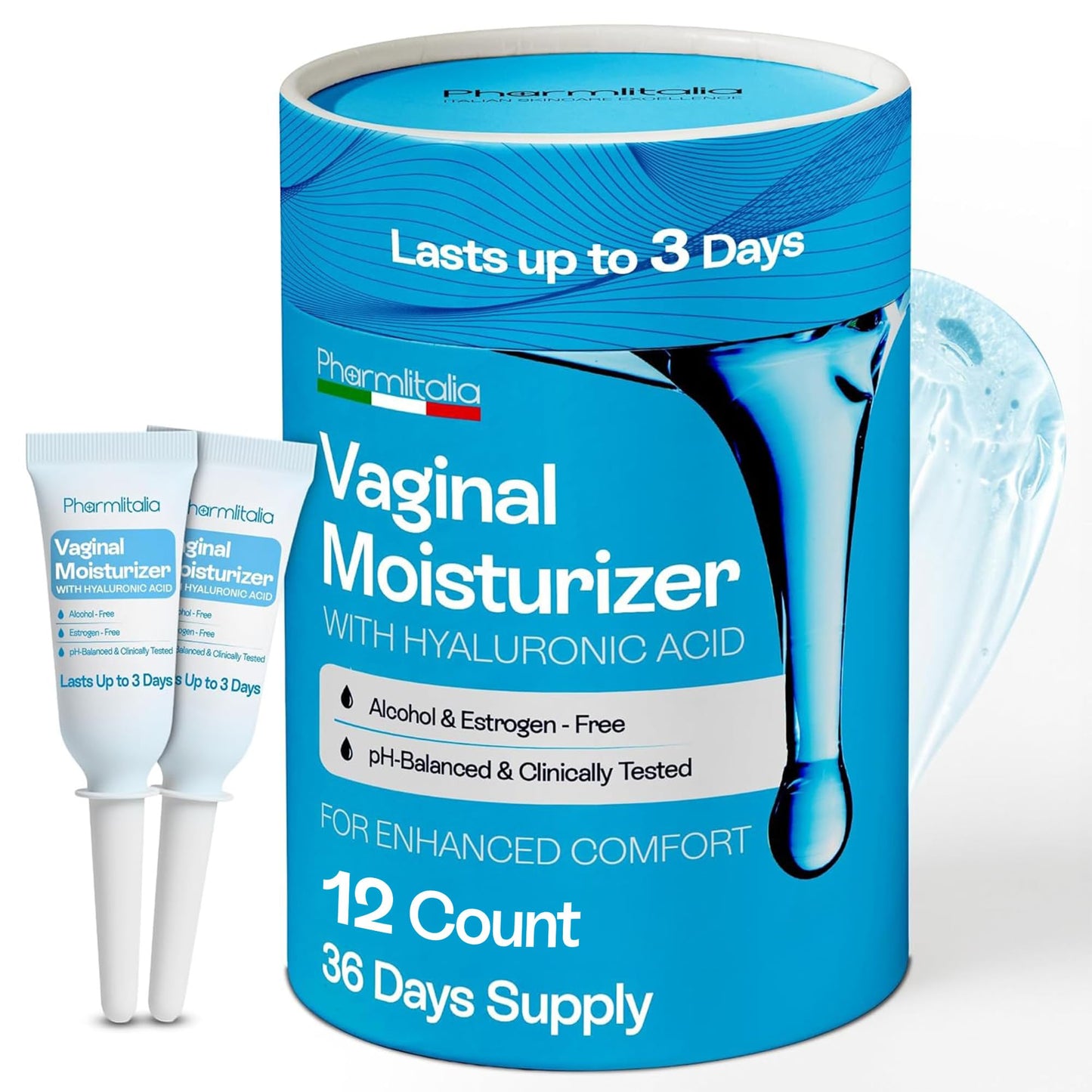 Pharmlitalia Vaginal Moisturizer Gel for Vagina Health, Moisturizer Applicators for Vaginal Dryness Relief and Long Lasting Wetness - Pre and Post Menopausal - 12 Pre Filled Applicators - Maple Wellness Supplements