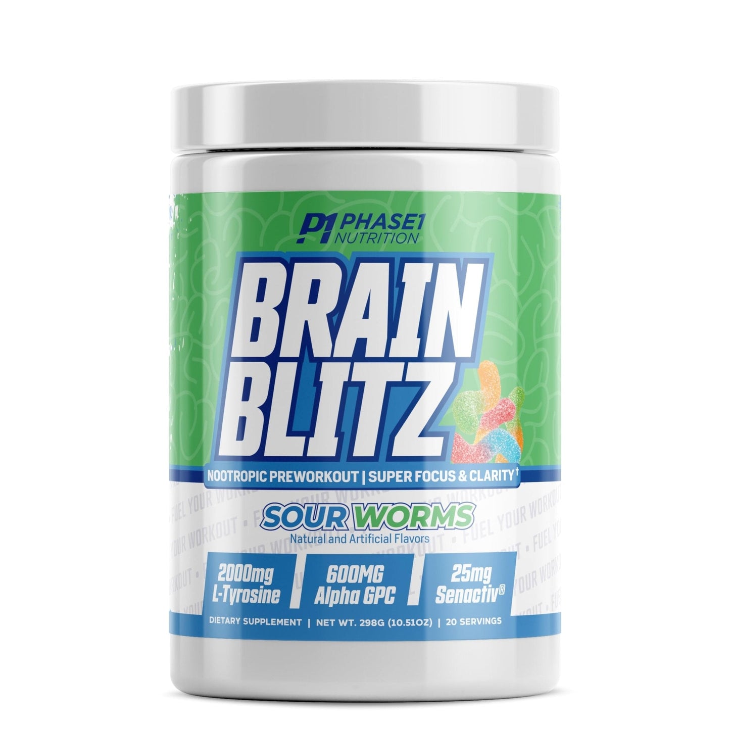 Phase 1 Nutrition Brain Blitz, Sour Worms - Nootropic Preworkout with Beta Alanine - Maple Wellness Supplements