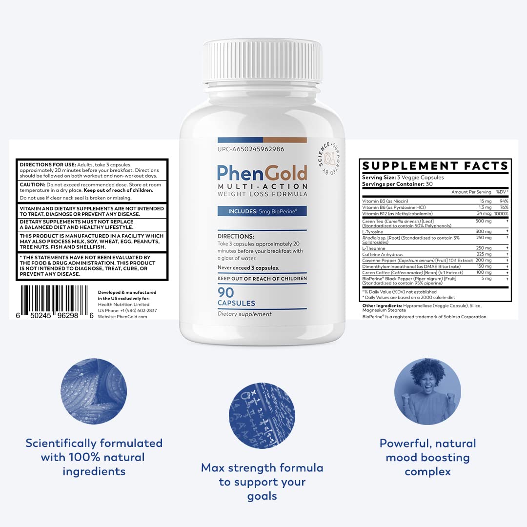 PhenGold Pills, Original Multi-Action Weight Management Formula with Green Tea - Maple Wellness Supplements