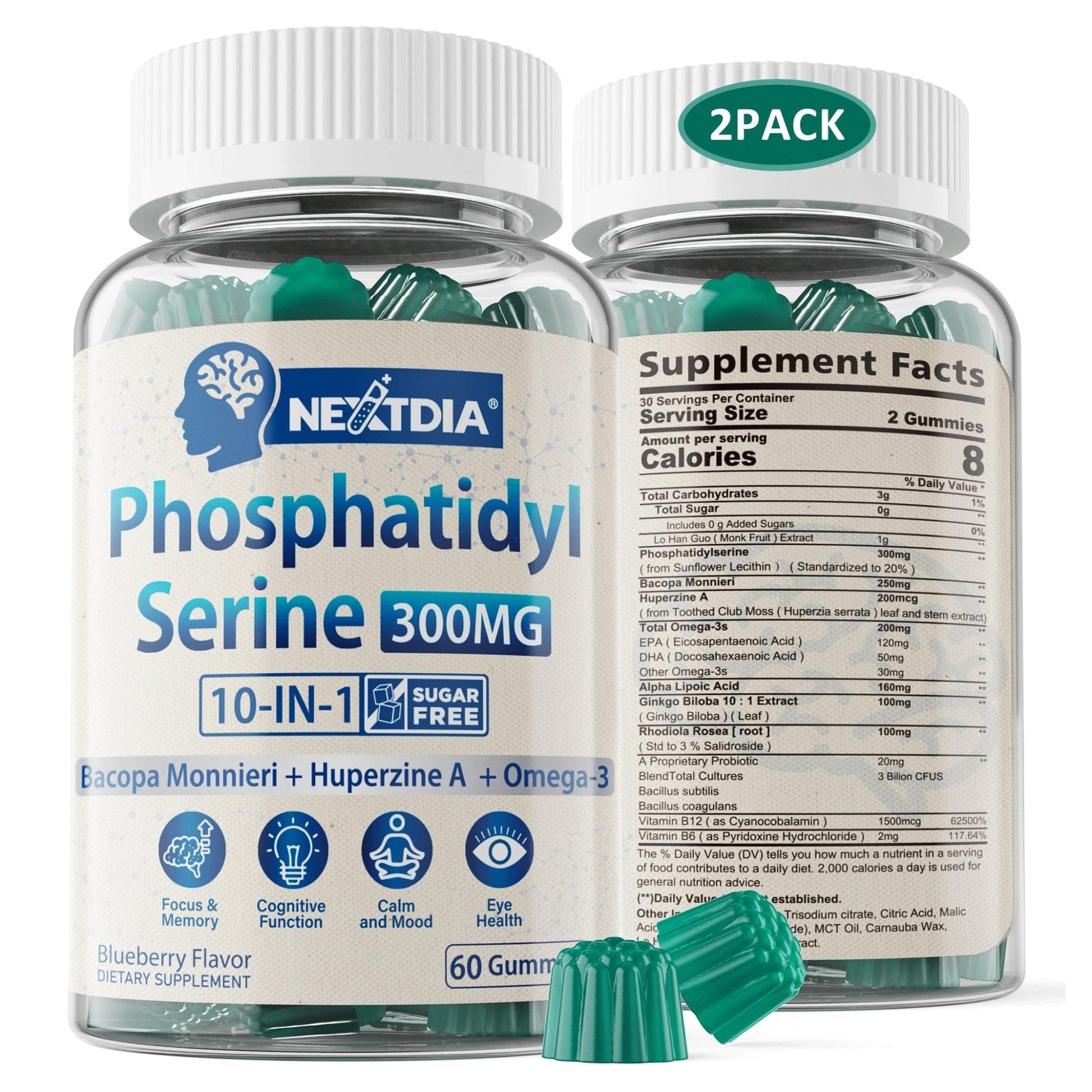 Phosphatidylserine - Nootropic Brian Supplement, Focus & Energy Gummies+ Bacopa Monnieri, Omega 3, Huperzine A, Methyl B12 & B6 for Seniors, Gamers, Workers, Non-GMO, Caffeine-Free, Sugar Free, 2 Pack - Maple Wellness Supplements