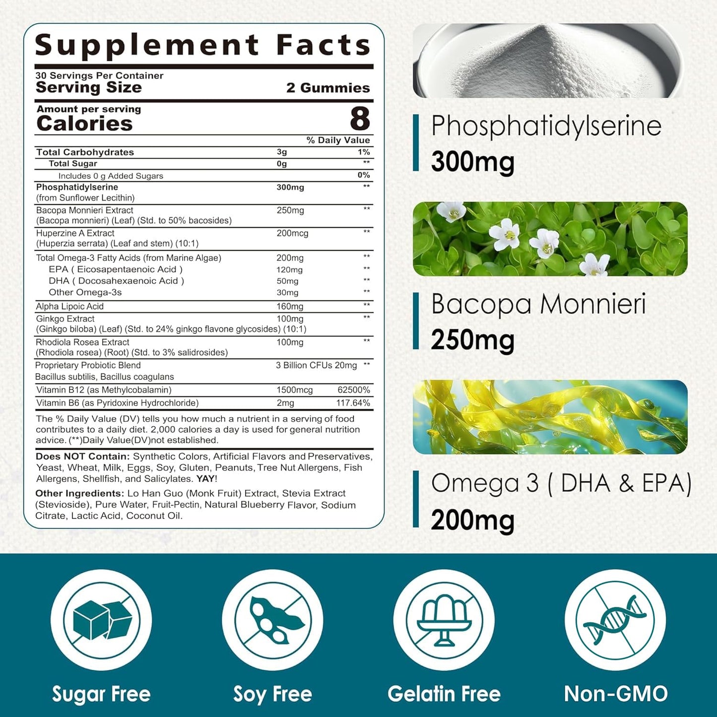 Phosphatidylserine - Nootropic Brian Supplement, Focus & Energy Gummies+ Bacopa Monnieri, Omega 3, Huperzine A, Methyl B12 & B6 for Seniors, Gamers, Workers, Non-GMO, Caffeine-Free, Sugar Free, 2 Pack - Maple Wellness Supplements