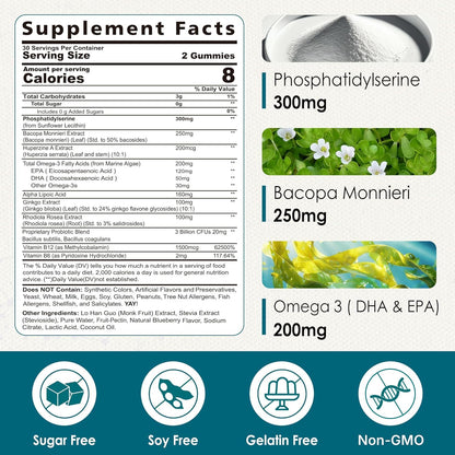 Phosphatidylserine - Nootropic Brian Supplement, Focus & Energy Gummies+ Bacopa Monnieri, Omega 3, Huperzine A, Methyl B12 & B6 for Seniors, Gamers, Workers, Non-GMO, Caffeine-Free, Sugar Free, 2 Pack - Maple Wellness Supplements